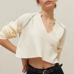 BDG Urban Outfitters Off-White Waffle Knit Long Sleeve Cropped Textured Top